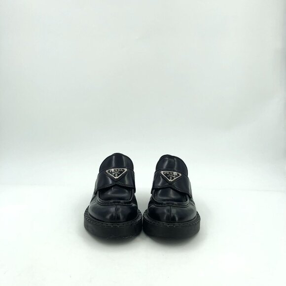 Prada Womens Black Leather Loafers Size 35 Thick Sole Triangular Logo Made In It - Picture 8 of 9